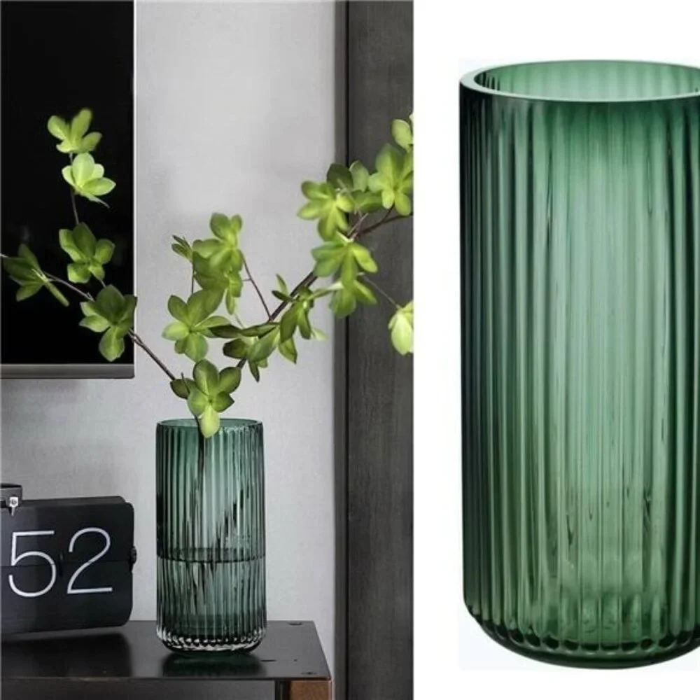NEW West Elm Green Glass Boho Ribbed Cylinder Flower Vase Planter Decor - 8